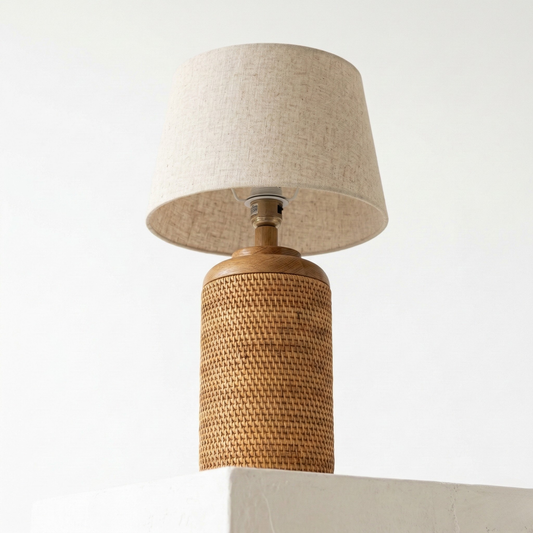 Vallora Natural Woven Rattan Table Lamp with Wood Accent & Fabric Shade