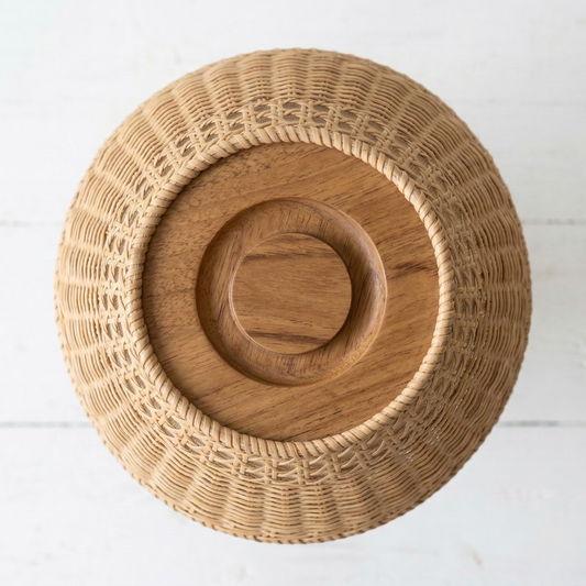 Vallora Tapered Wood Table Lamp with Woven Rattan Shade