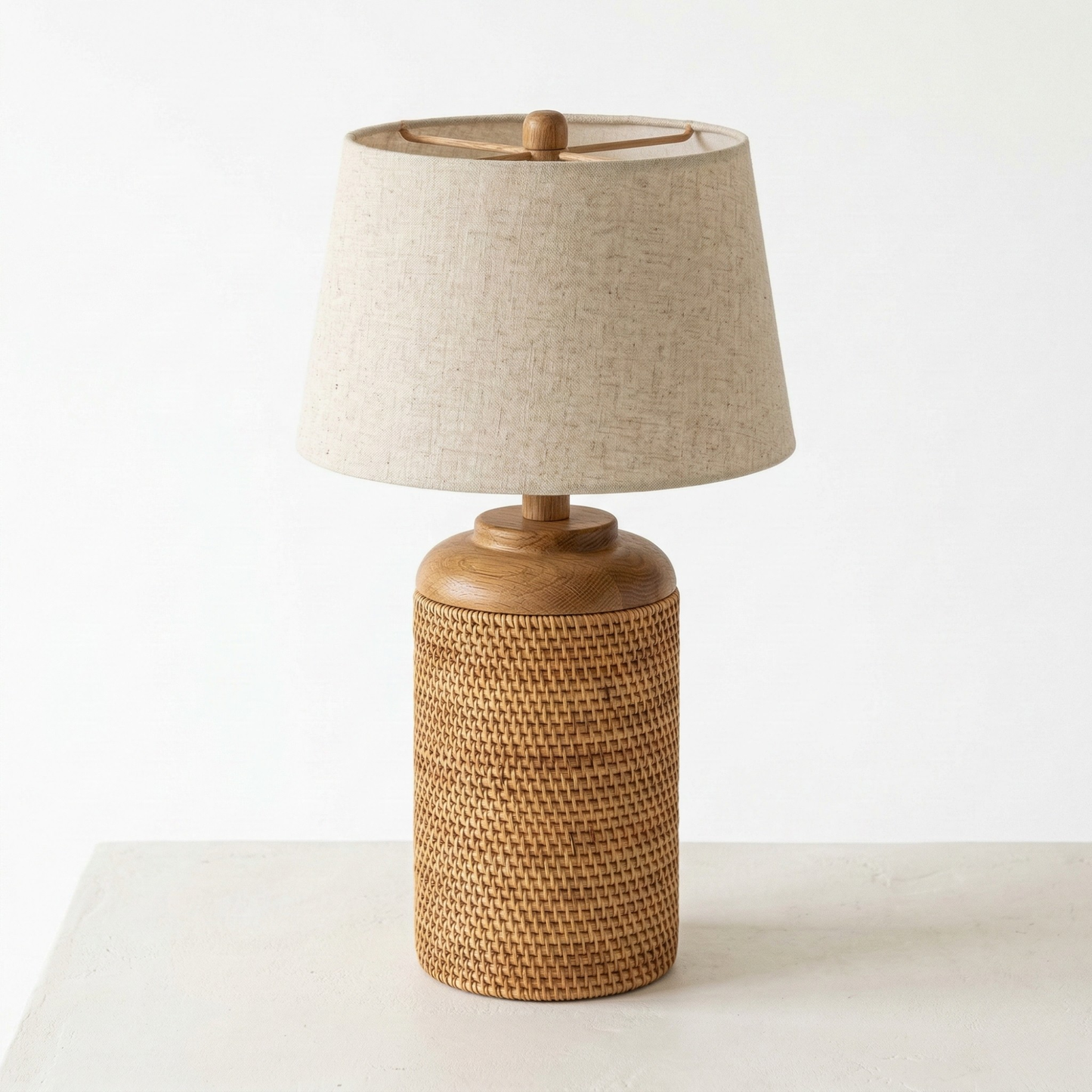 Vallora Natural Woven Rattan Table Lamp with Wood Accent & Fabric Shade
