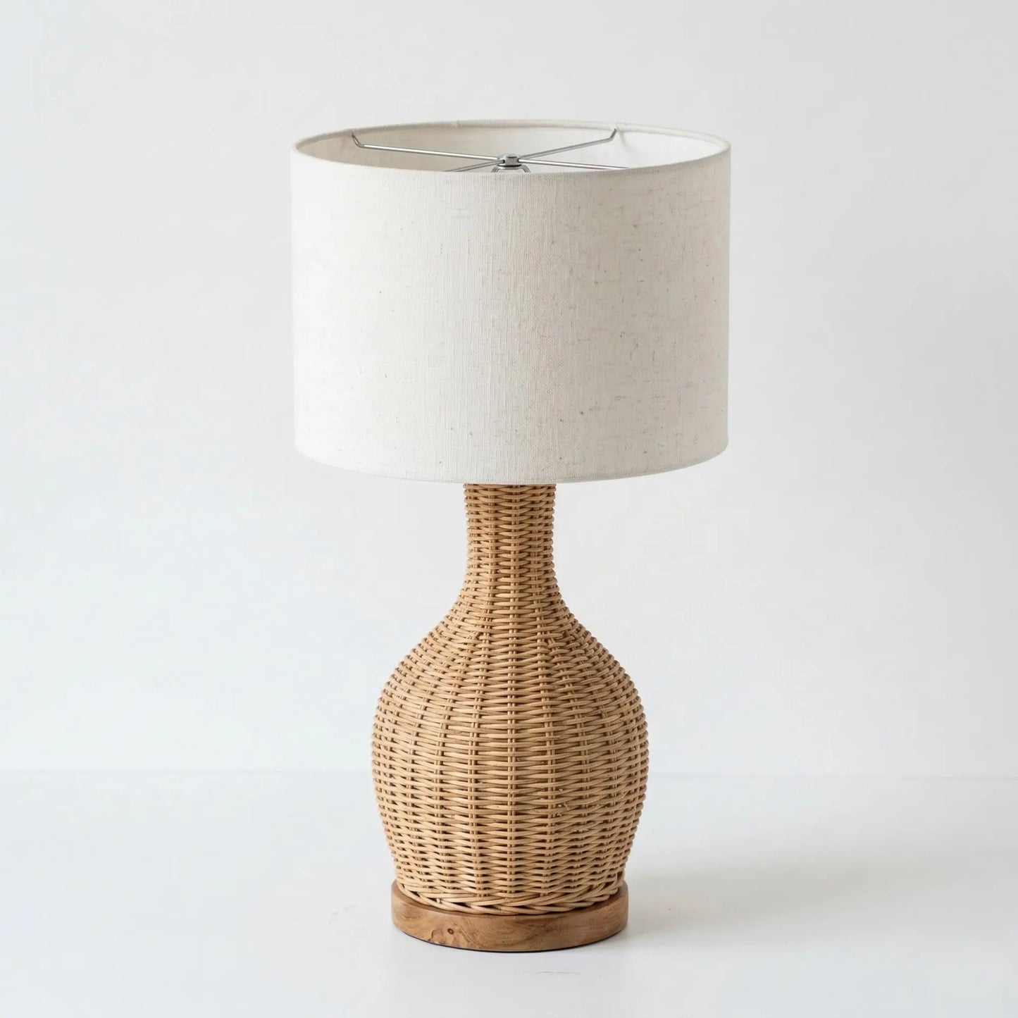 Vallora Natural Woven Rattan Table Lamp with Solid Wood Base & Fabric Shade