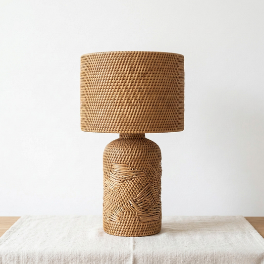 Vallora Fully Woven Rattan Table Lamp with Patterned Base