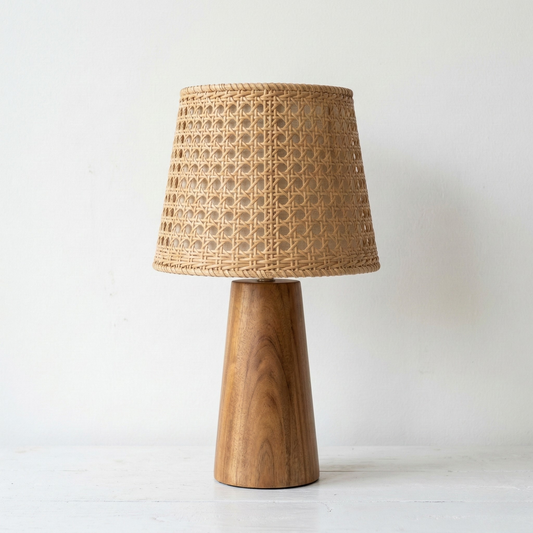 Vallora Tapered Wood Table Lamp with Woven Rattan Shade