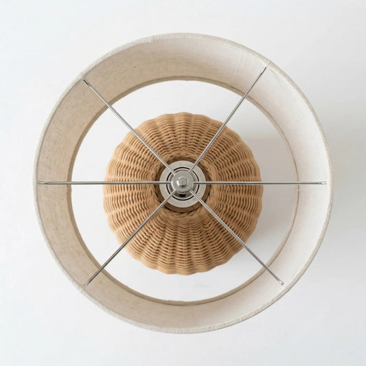 Vallora Natural Woven Rattan Table Lamp with Solid Wood Base & Fabric Shade
