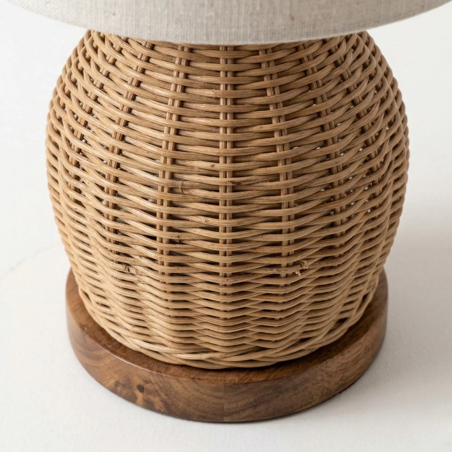 Vallora Natural Woven Rattan Table Lamp with Solid Wood Base & Fabric Shade