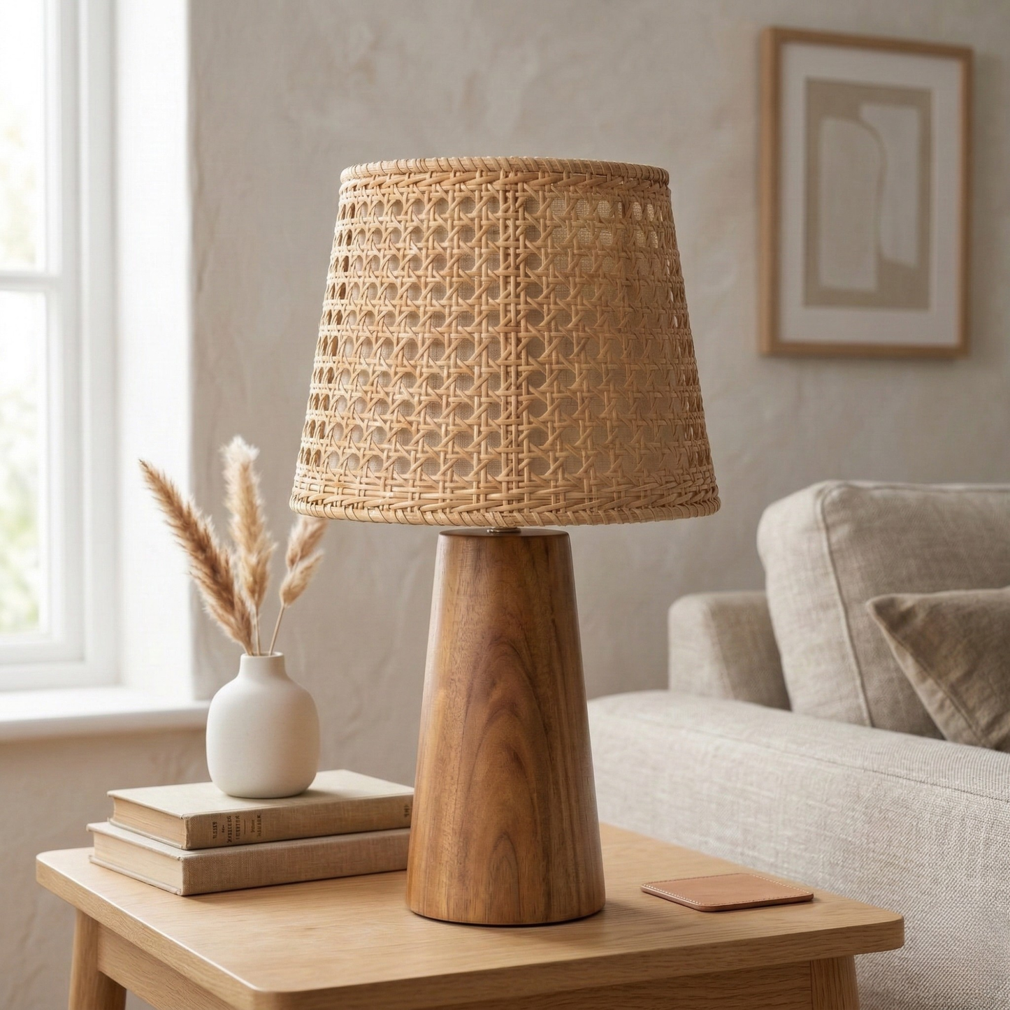 Vallora Tapered Wood Table Lamp with Woven Rattan Shade
