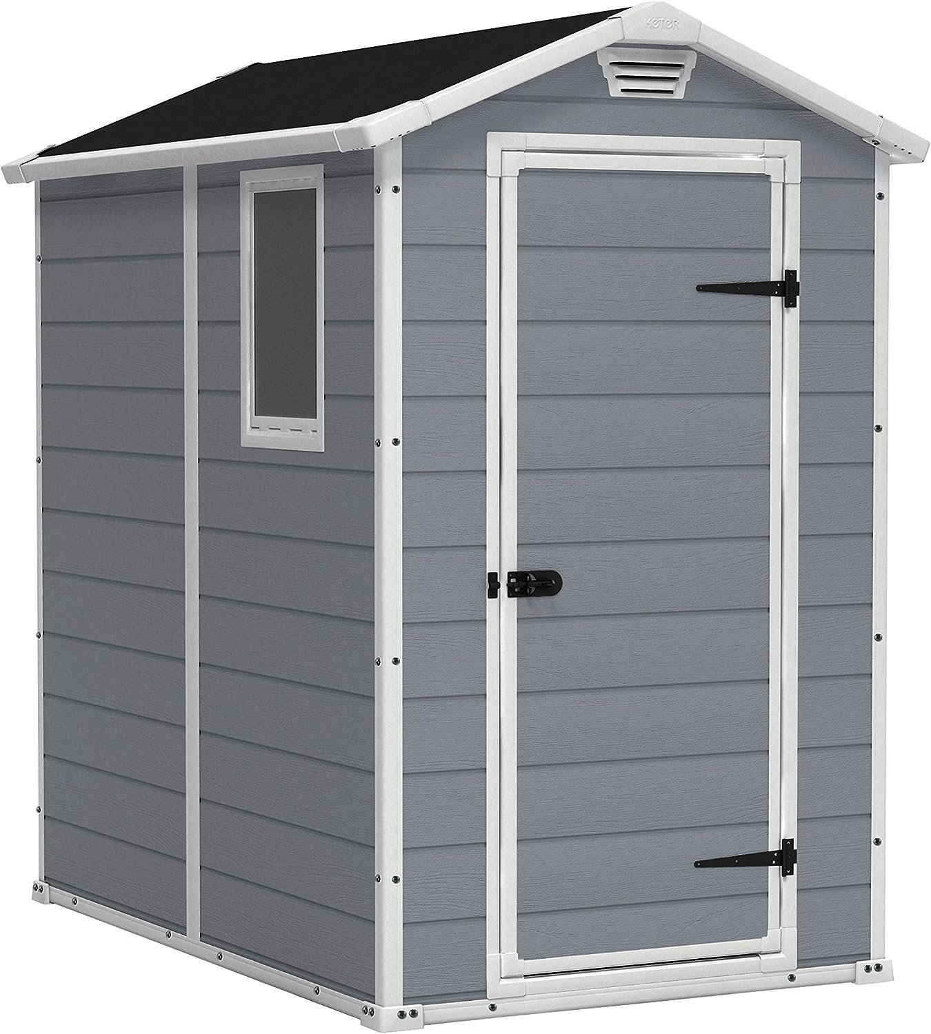 Keter Manor 4×6 Resin Outdoor Storage Shed Kit-Perfect to Store Patio Furniture, Garden Tools Bike Accessories, Beach Chairs and Lawn Mower, Grey & White